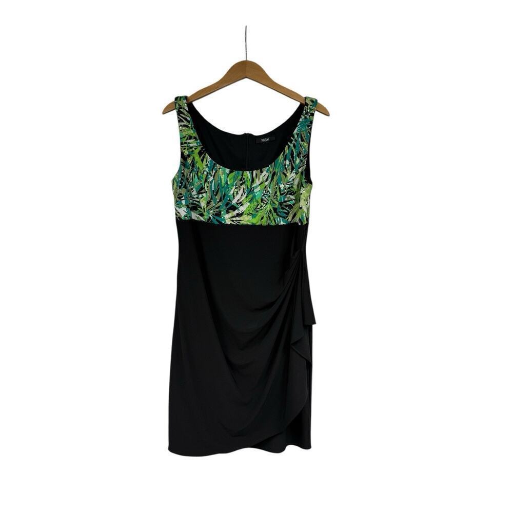 MSK Sequin Green Pattern Black Draped Skirt Short Dress Womens Medium?‎